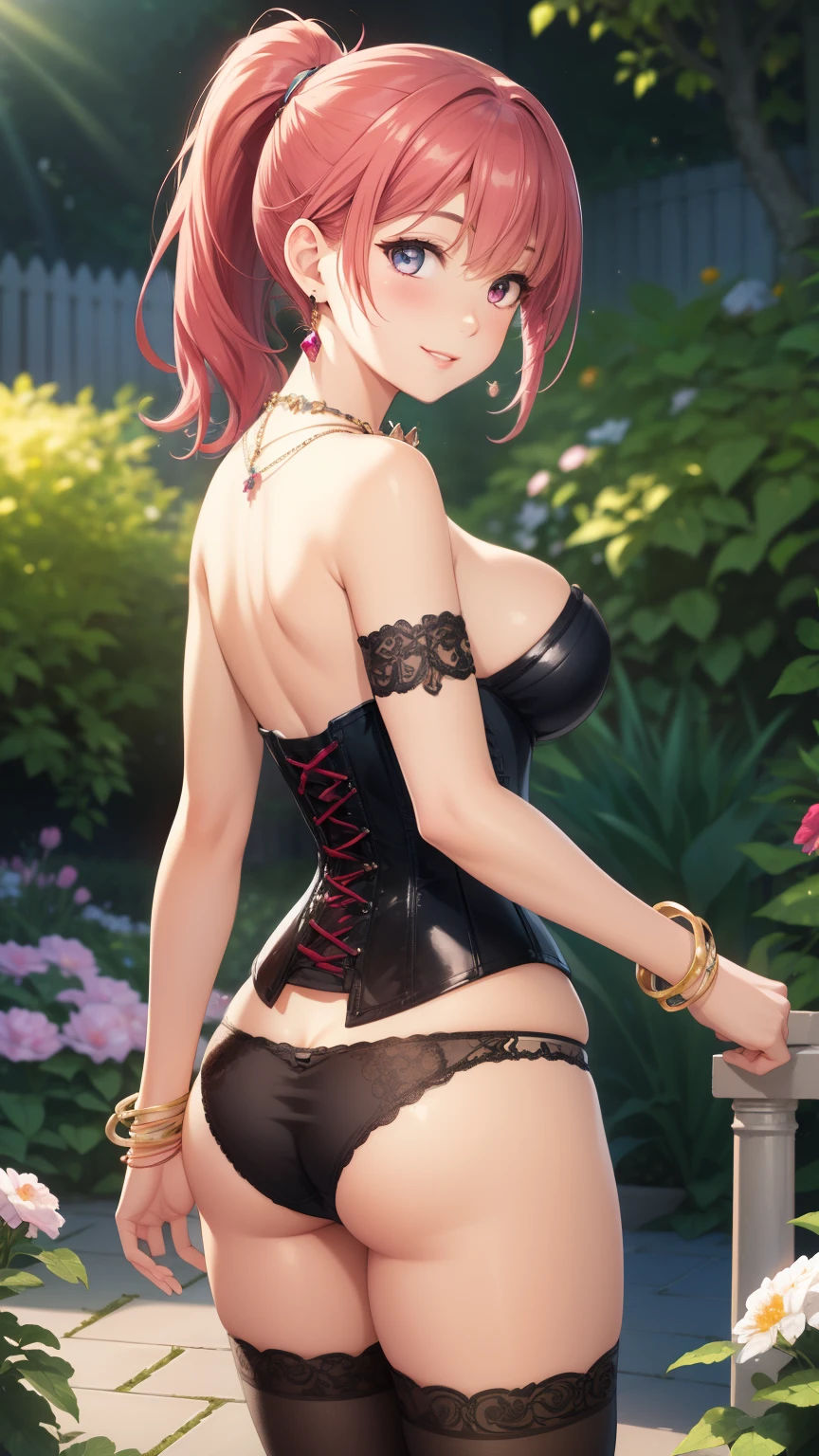 1girl, natural lighting, masterpiece, highly detailed, illustration, game CG, absurdres, high quality, aichan, large breasts, beautiful detailed eyes, medium bright pink hair, ponytail, bangs, glossy lips, light smile, garden, bracelets, necklace, jewelry, strapless corset, thigh highs, panties, looking back at viewer