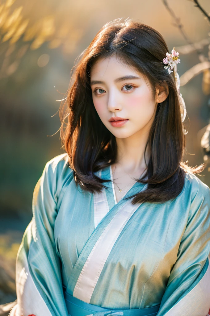 ( masterpiece, top quality, best quality,8k,years old girl,ultra detailed,raw photo:1.5),(photorealistic:1.4), (cinematic lighting), PerfectNwsjMajic, , Surrealism, UHD, ccurate, Super detail, textured skin, High detail, Best quality, dynamic angle, White skin,[Beautiful blue eyes], high nose,(1girl),(good anatomy:0.5)), Dreamy atmosphere,expressive brush strokes, mystical ambiance, Artistic interpretation, a whimsical illustration, Subtle colors and tones, mystical aura, Woman wearing traditional Korean costume,(hanbok:1.3), Joseon dynasty, jeogori,chima,and the po,portrait,(straight hair:1.5), flower,warm sun,face, tender ,shiny skin