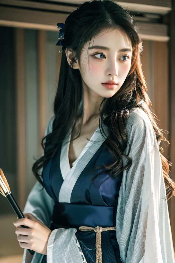 ( masterpiece, top quality, best quality,8k,years old girl,ultra detailed,raw photo:1.5),(photorealistic:1.4), (cinematic lighting), PerfectNwsjMajic, , Surrealism, UHD, ccurate, Super detail, textured skin, High detail, Best quality, dynamic angle, White skin,[Beautiful blue eyes], high nose,(1girl),(good anatomy:0.5)), Dreamy atmosphere,expressive brush strokes, mystical ambiance, Artistic interpretation, a whimsical illustration,dark, Subtle colors and tones, mystical aura, Woman wearing traditional Korean costume,(hanbok:1.3), Joseon dynasty, jeogori,chima,and the po,portrait, assassin, small knife, strong,shiny skin , straight hair