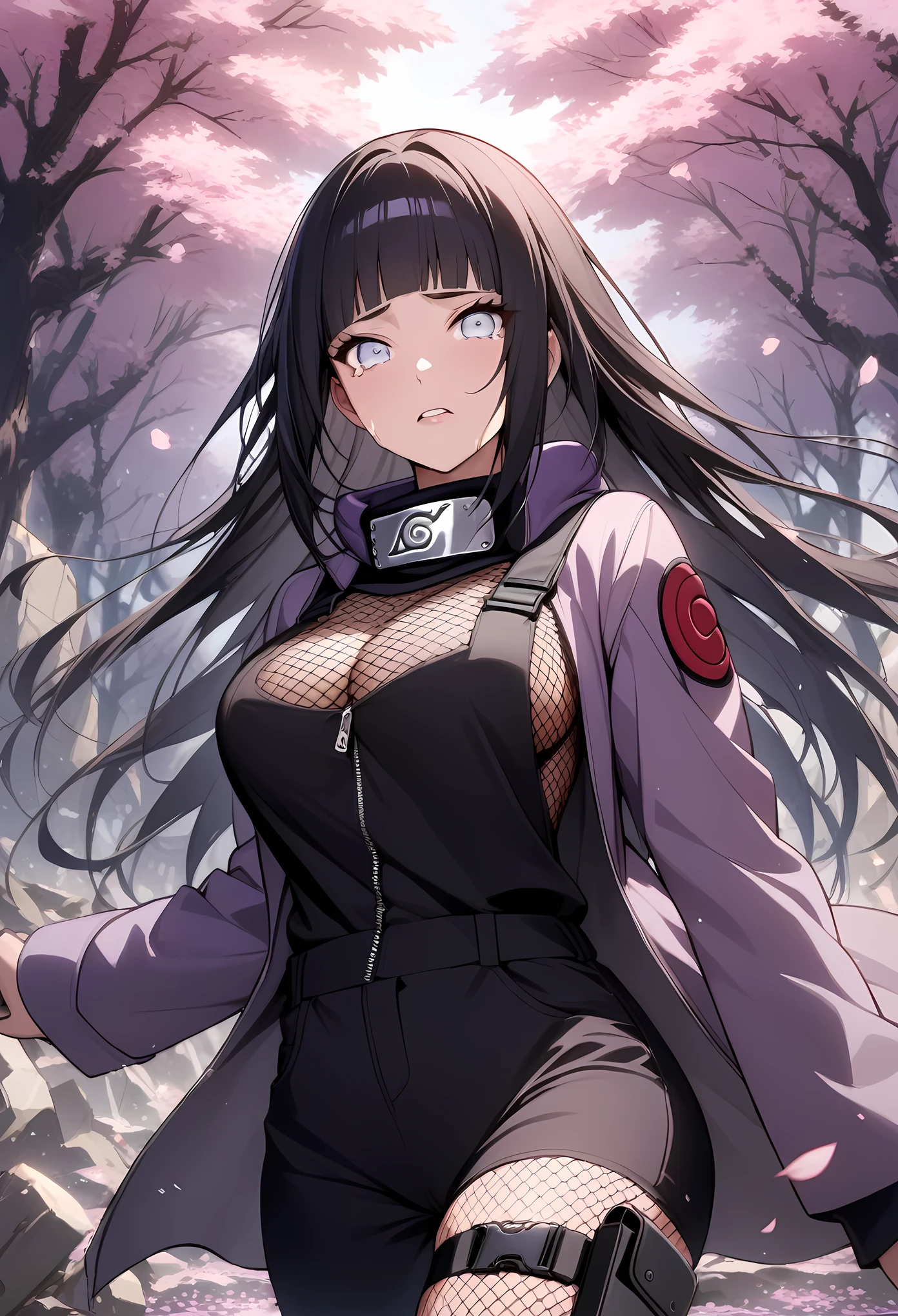 masterpiece, best quality, very aesthetic, absurdres, intricate, overall detail,  
hyuuga_hinata, naruto_(series), naruto_shippuuden, 1girl, black_hair, black_pants, blunt_bangs, breasts, byakugan, fishnet_top, fishnets, forehead_protector, hime_cut, holster, jacket, konohagakure_symbol, large_breasts, long_hair, pants, purple_jacket,thigh_holster, white_eyes, looking_at_viewer, cherry_blossoms, cowboy_shot, falling_petals, petals,  rubble, solo, tears, tree, 