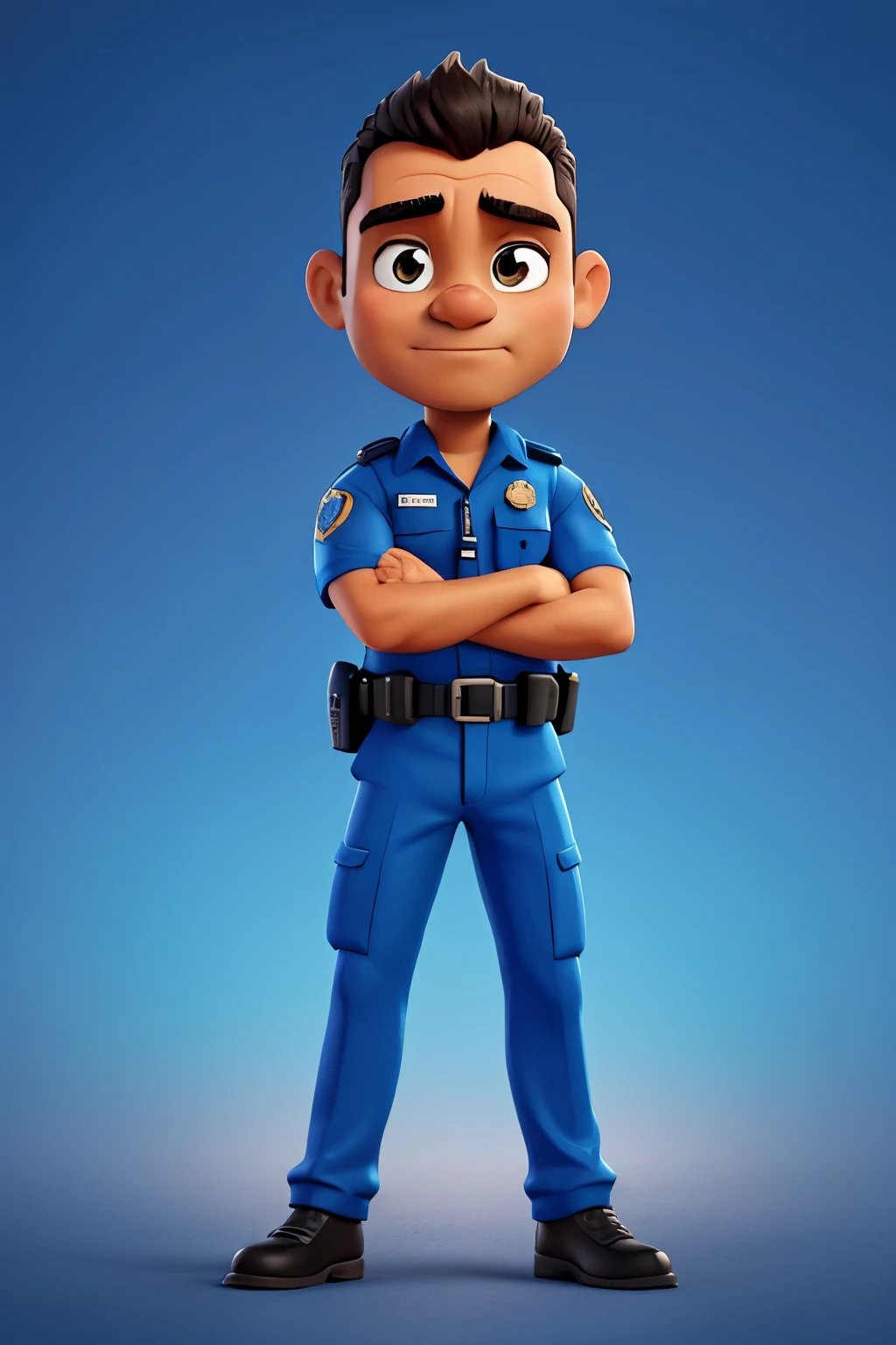 imagem de um policial, com farda azul marinho, crossed arms, olhando para o observador da foto, estilo cartoon,
