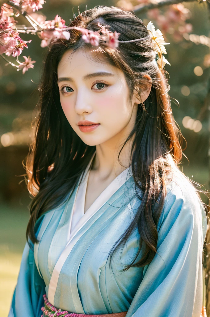 ( masterpiece, top quality, best quality,8k,years old girl,ultra detailed,raw photo:1.5),(photorealistic:1.4), (cinematic lighting), PerfectNwsjMajic, , Surrealism, UHD, ccurate, Super detail, textured skin, High detail, Best quality, dynamic angle, White skin,[Beautiful blue eyes], high nose,(1girl),(good anatomy:0.5)), Dreamy atmosphere,expressive brush strokes, mystical ambiance, Artistic interpretation, a whimsical illustration, Subtle colors and tones, mystical aura, Woman wearing traditional Korean costume,(hanbok:1.3), Joseon dynasty, jeogori,chima,and the po,portrait,(straight hair:1.5), flower,warm sun,face, tender ,shiny skin