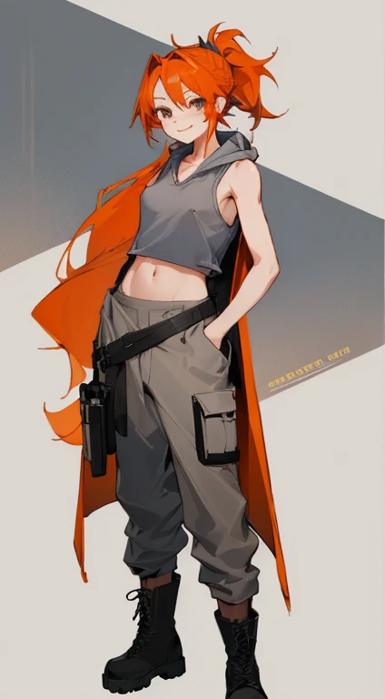 ((highest quality)), ((masterpiece)), (be familiar with),woman,Orange Hair,Semi-long ponytail,{{nsfw}},Sleeveless hoodie,Grey Shirt,cargo pants,Captivating smile,whole body,boots,Long coat,Erect nipples,Flat Chest