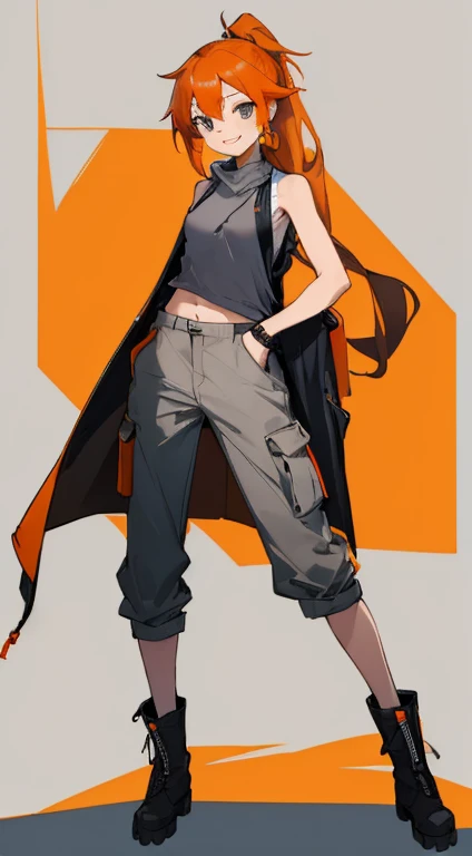 ((highest quality)), ((masterpiece)), (be familiar with),woman,Orange Hair,Semi-long ponytail,{{nsfw}},Sleeveless hoodie,Grey Shirt,cargo pants,Captivating smile,whole body,boots,Long coat,Erect nipples,Flat Chest
