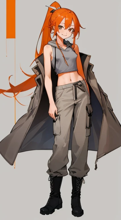((highest quality)), ((masterpiece)), (be familiar with),woman,Orange Hair,Semi-long ponytail,{{nsfw}},Sleeveless hoodie,Grey Shirt,cargo pants,Captivating smile,whole body,boots,Long coat,Erect nipples,Flat Chest
