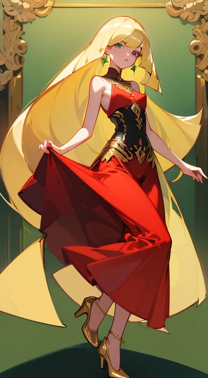 ((highest quality)), ((masterpiece)), (Familiar), Lusamine,thin,thin,Long Blonde Hair,Small breasts,Small breasts,Erect nipples,Adult female,Green Eyes,Slanted Eyes,Sleeveless dress,Red dress,Gold embroidery,High heels,Fascinating,Long skirt,White shawl,Green Earrings