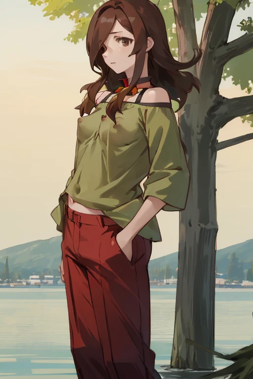 Lake Izu,((highest quality)), ((masterpiece)), (be familiar with),One female,Long Hair, Brown Hair, Brown eyes, Green Shirt,(Small breasts), Hair on one eye, Off the shoulder, Exposing shoulders,((Erect nipples)),Red pants