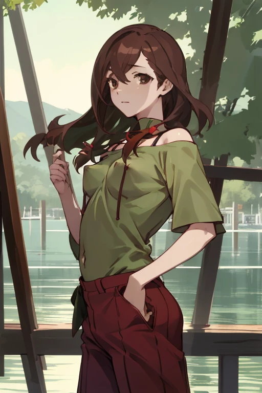 Lake Izu,((highest quality)), ((masterpiece)), (be familiar with),{{nsfw}},One female,Long Hair, Brown Hair, Brown eyes, Green Shirt,(Small breasts), Hair on one eye, Off the shoulder, Exposing shoulders,((Erect nipples)),Red pants