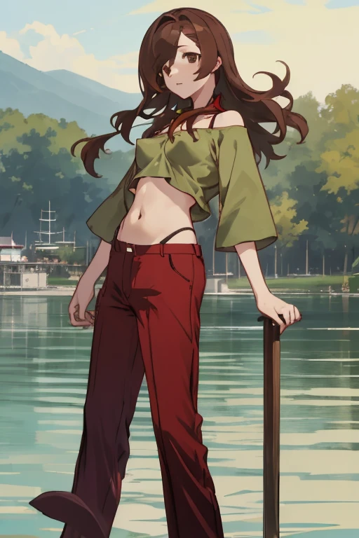 Lake Izu,((highest quality)), ((masterpiece)), (be familiar with),One female,Long Hair, Brown Hair, Brown eyes, Green Shirt,(Small breasts), Hair on one eye, Off the shoulder, Exposing shoulders,((????? nipples)),Red pants