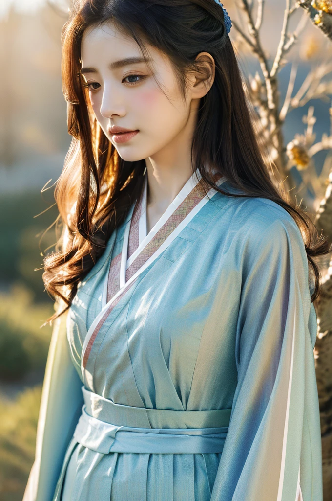 ( masterpiece, top quality, best quality,8k,years old girl,ultra detailed,raw photo:1.5),(photorealistic:1.4), (cinematic lighting), PerfectNwsjMajic, , Surrealism, UHD, ccurate, Super detail, textured skin, High detail, Best quality, dynamic angle, White skin,[Beautiful blue eyes], high nose,(1girl),(good anatomy:0.5)), Dreamy atmosphere,expressive brush strokes, mystical ambiance, Artistic interpretation, a whimsical illustration, Subtle colors and tones, mystical aura, Woman wearing traditional Korean costume,(hanbok:1.3), Joseon dynasty, jeogori,chima,and the po,portrait,(long straight hair:1.5), flower,warm sun,face, tender ,shiny skin