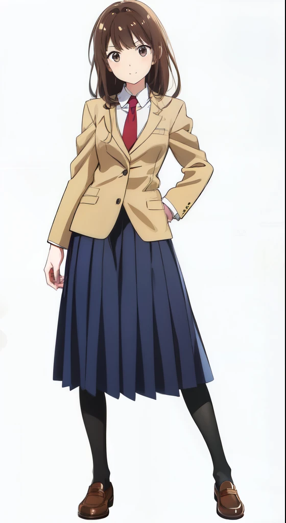 (white background:1.0), (best quality:1.0), (masterpiece:1.0), (super fine illustration:1.0), (beautiful artwork:1.0), (anime screencap:1.0), (official art:1.0), (full body:1.0), (solo:1.0), (HSGα:1.0), (a 16yo cute girl:1.0), (long skirt:1.0), (dark blue skirt:1.0), (pleated skirt:1.0), (school uniform beige blazer:1.0), (red necktie:1.0), (loafers:1.0), (black socks:1.0), (ideal ratio body proportions:1.0), (lanky:1.0), (tall:1.0), (slender:1.0), (small breasts:1.0), (smaller face:1.0), (tareme:1.0), (detailed beautiful eyes:1.0), (detailed beautiful face:1.0), (glowing black eyes:1.0), (medium hair:1.0), (brown hair:1.0), (standing:1.0), (looking at viewer:1.0)