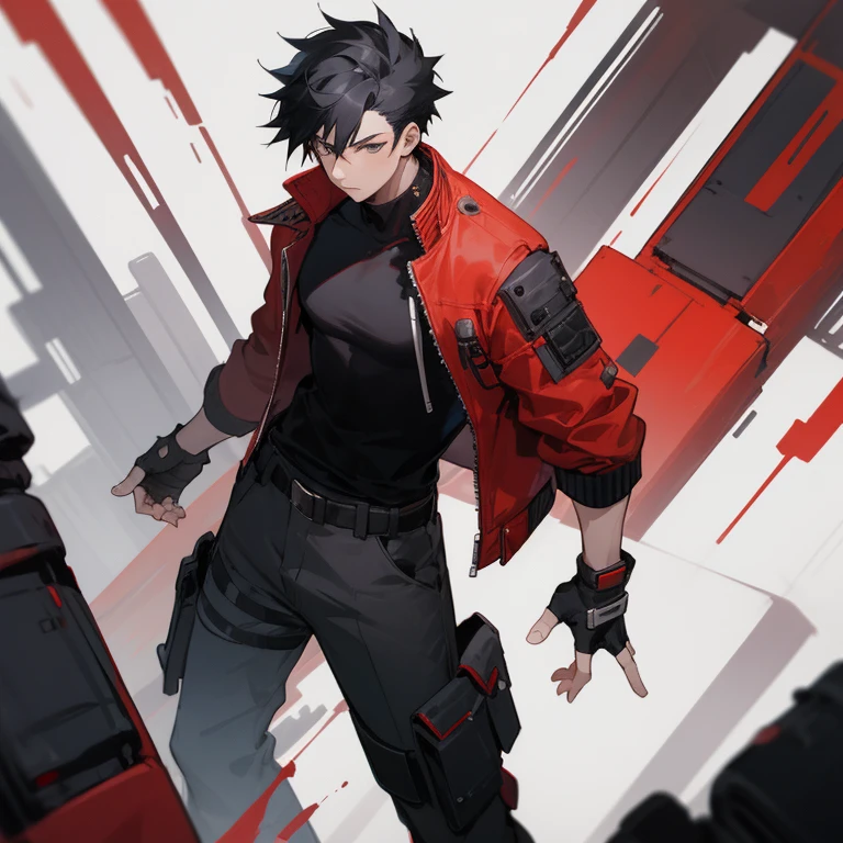 ((highest quality)), ((masterpiece)), (be familiar with), 1 male, alone, Black Hair,Spiky Hair,cargo pants,Red jacket,Black Shirt,Large,Fingerless Gloves, cyber punk,SF