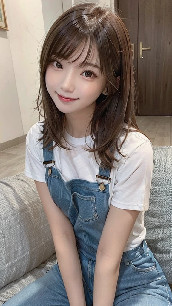 +masterpiece, highest quality, Very detailed, Female student, Beautiful Face, Rich details, (Long brown hair), Perfect Face, Overalls, Sitting, close, sofa,Smile with visible tongue