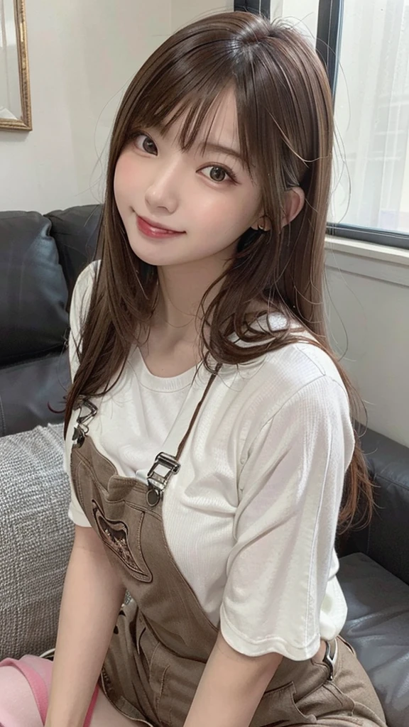 +masterpiece, highest quality, Very detailed, Female student, Beautiful Face, Rich details, (Long brown hair), Perfect Face, Overalls, Sitting, close, sofa,Smile with visible tongue