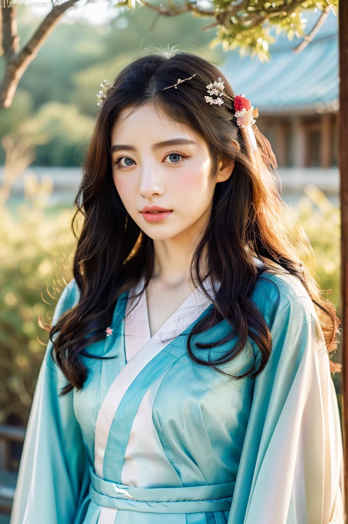 ( masterpiece, top quality, best quality,8k,years old girl,ultra detailed,raw photo:1.5),(photorealistic:1.4), (cinematic lighting), PerfectNwsjMajic, , Surrealism, UHD, ccurate, Super detail, textured skin, High detail, Best quality, dynamic angle, White skin,[Beautiful blue eyes], high nose,(1girl),(good anatomy:0.5)), Dreamy atmosphere,expressive brush strokes, mystical ambiance, Artistic interpretation, a whimsical illustration, Subtle colors and tones, mystical aura, Woman wearing traditional Korean costume,(hanbok:1.3), Joseon dynasty, jeogori,chima,and the po,portrait,(long straight hair:1.5), flower,warm sun,face, tender ,shiny skin