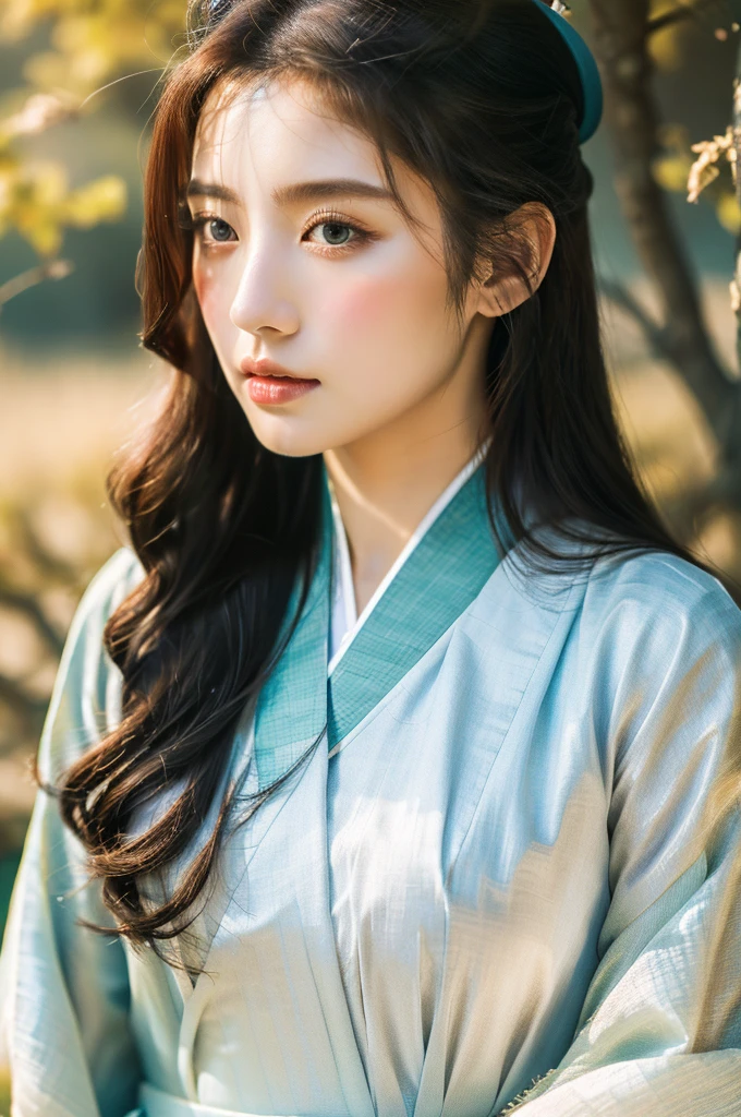 ( masterpiece, top quality, best quality,8k,years old girl,ultra detailed,raw photo:1.5),(photorealistic:1.4), (cinematic lighting), PerfectNwsjMajic, , Surrealism, UHD, ccurate, Super detail, textured skin, High detail, Best quality, dynamic angle, White skin,[Beautiful blue eyes], high nose,(1girl),(good anatomy:0.5)), Dreamy atmosphere,expressive brush strokes, mystical ambiance, Artistic interpretation, a whimsical illustration, Subtle colors and tones, mystical aura, Woman wearing traditional Korean costume,(hanbok:1.3), Joseon dynasty, jeogori,chima,and the po,portrait,(long straight hair:1.5), flower,warm sun,face, tender ,shiny skin