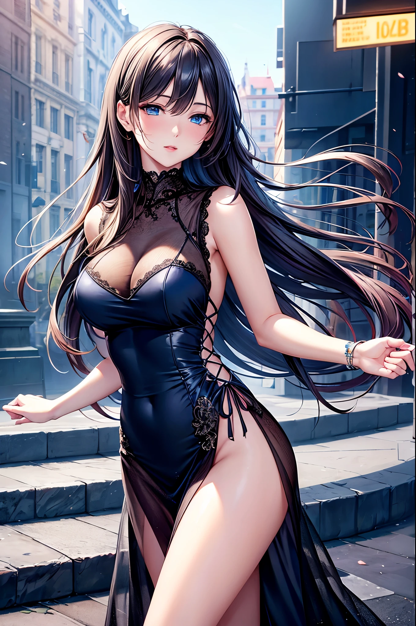 best quality, masterpiece, Ultra-high resolution, Reality, portrait, elegant adult woman, blue eyes, long hair, Side Bangs, Backless dress, See-through dress, 4K resolution, High quality CG, feminine pose, Fair