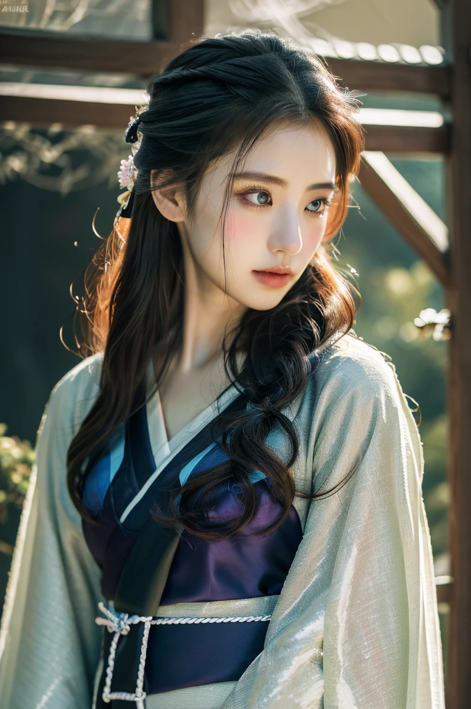 ( masterpiece, top quality, best quality,8k,years old girl,ultra detailed,raw photo:1.5),(photorealistic:1.4), (cinematic lighting), PerfectNwsjMajic, , Surrealism, UHD, ccurate, Super detail, textured skin, High detail, Best quality, dynamic angle, White skin,[Beautiful blue eyes], high nose,(1girl),(good anatomy:0.5)), Dreamy atmosphere,expressive brush strokes, mystical ambiance, Artistic interpretation, a whimsical illustration,dark, Subtle colors and tones, mystical aura, Woman wearing traditional Korean costume,(hanbok:1.3), Joseon dynasty, jeogori,chima,and the po,portrait, assassin, small knife, strong,shiny skin , straight hair