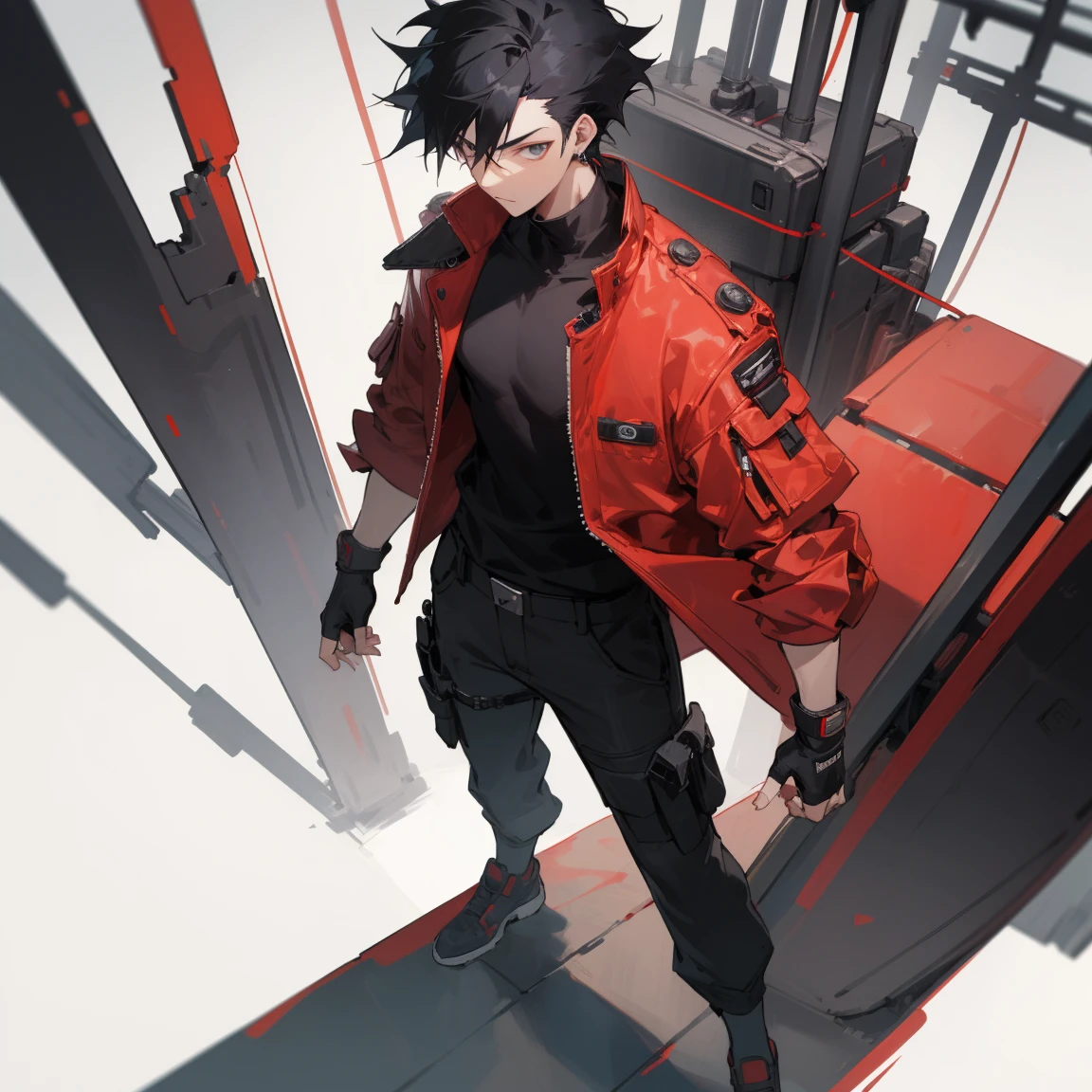 ((highest quality)), ((masterpiece)), (be familiar with), 1 male, alone, Black Hair,Spiky Hair,cargo pants,Red jacket,Black Shirt,Large,Fingerless Gloves, cyber punk,SF