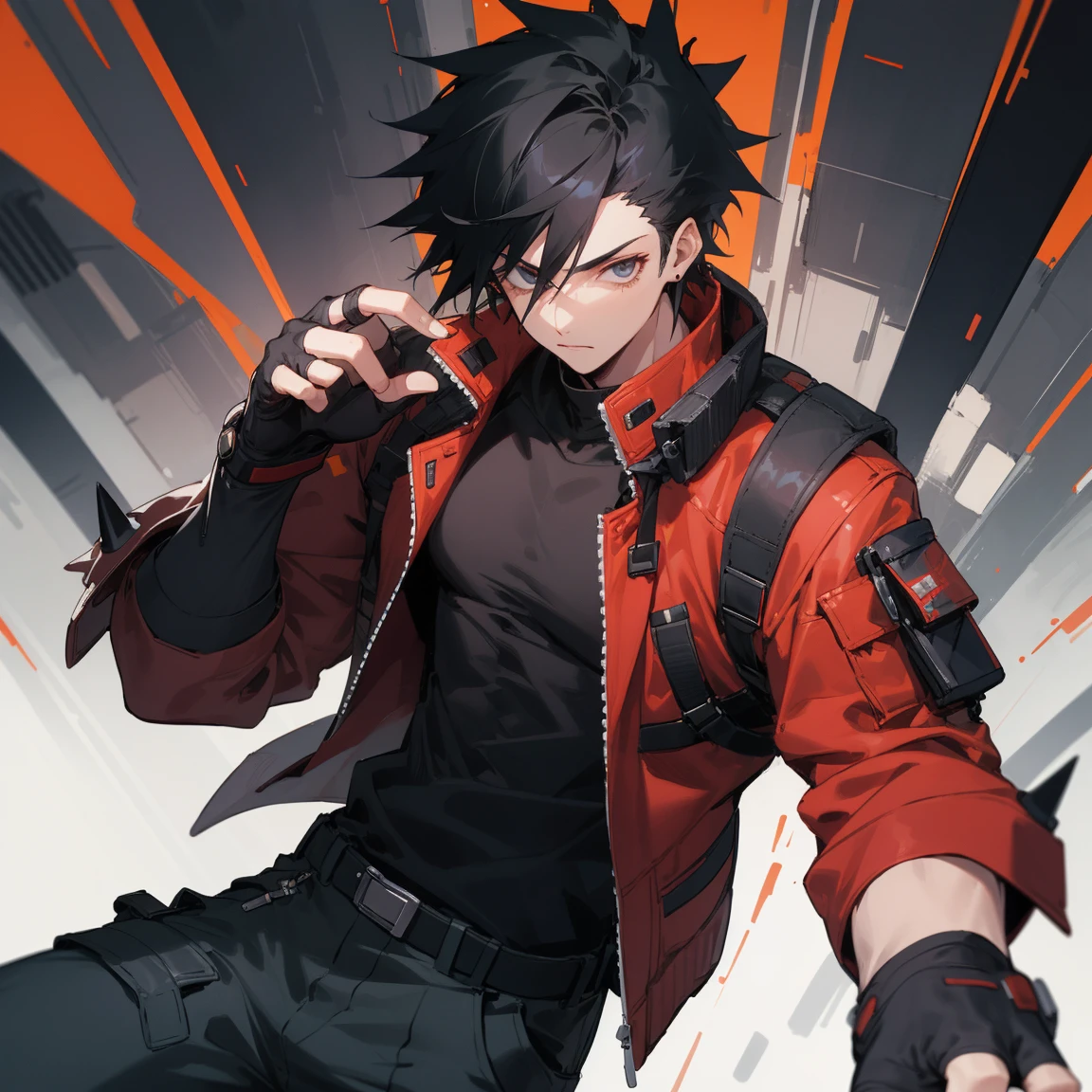 ((highest quality)), ((masterpiece)), (be familiar with), 1 male, alone, Black Hair,Spiky Hair,cargo pants,Red jacket,Black Shirt,Large,Fingerless Gloves, cyber punk,SF