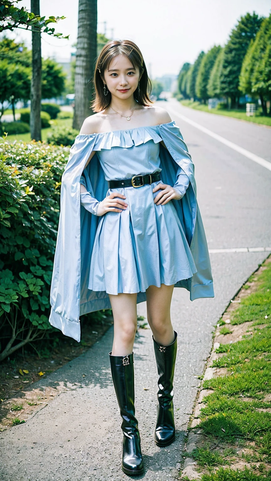 (8k、RAW Photos、highest quality、masterpiece:1.2)、(Realistic、Realistic)、1 girl、((Light blue and black heroine costume、belt、Off the shoulder、mini skirt、boots、See-through、Frills、Ribbon on chest、garden、smile、Big Breasts、View from the front、whole body、Knee socks、Cape、Standing with hands on hips))、Lots of eyelashes、Glowing eyelids、skeletally correct