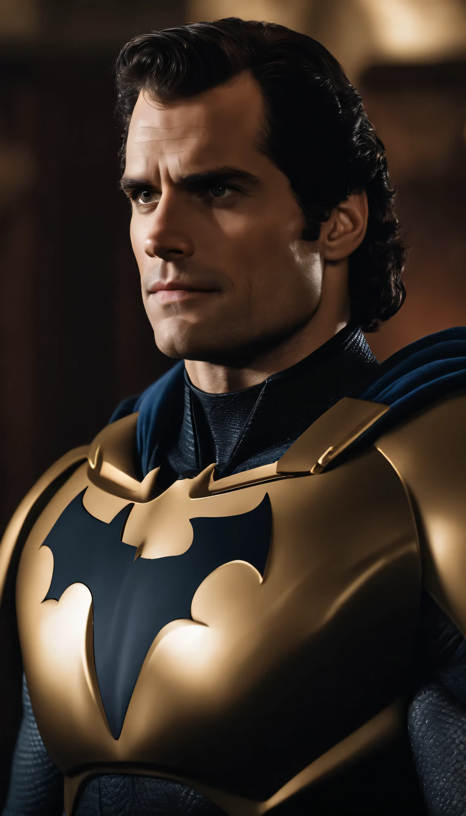 henry cavill de frente da cintuma para vima, (estilo pixar: 1.25) usando armadura do batman divino, rosto serio, textura natural da pele, Texturas 4k, HDR, intrincado, altamente detalhado, sharp focus, cinematic visual, hiper detalhado, usando armadura divina branca