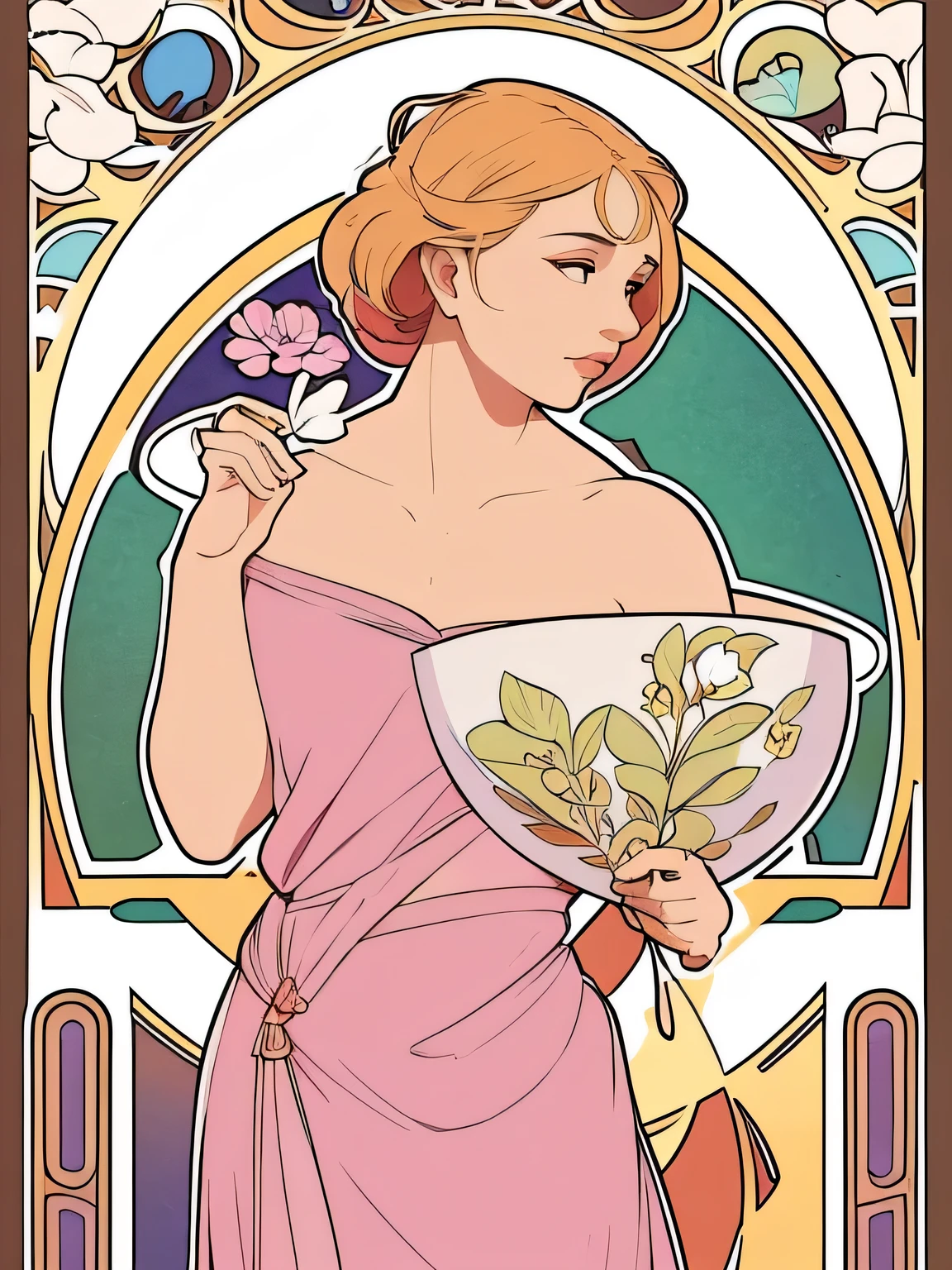 8K.Poster illustration in Alphonse Mucha style, pintura plana, Hermosa mujer occidental con vestido largo hasta el tobillo lila, Emmawatoso,sosteniendo un ramo de lirios blancos,cuerpo completo como,corpo esguio,descalzo,Arte nuevo, Plantas en el fondo, nffsw, mesa, Alfonse Mucha, Detalles altos, colores analogos del rosado