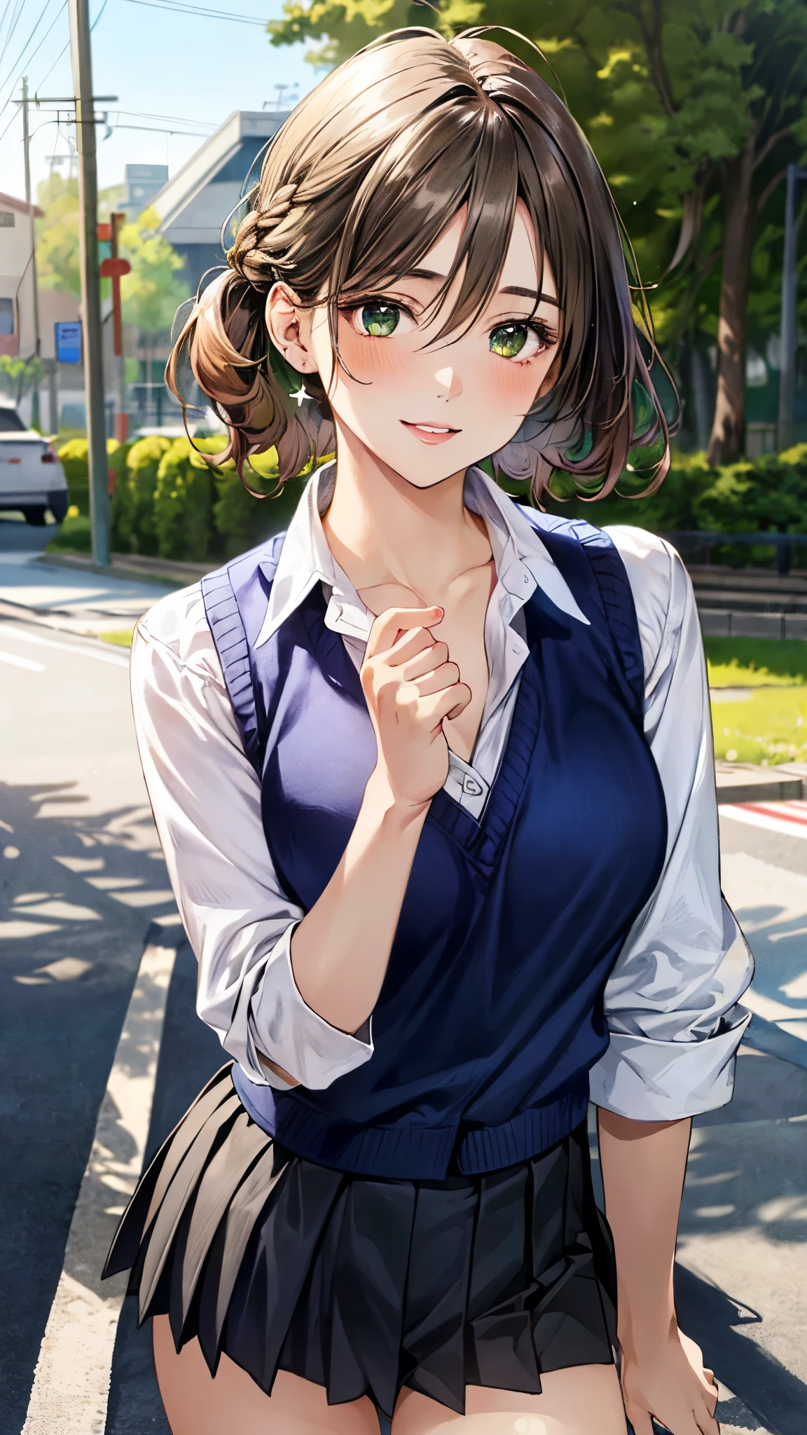 (masterpiece:1.3, top-quality, ultra high res, ultra detailed), (realistic, photorealistic:1.2), beautiful illustration, perfect lighting, natural lighting, colorful, depth of fields, 
beautiful detailed hair, beautiful detailed face, beautiful detailed eyes, beautiful clavicle, beautiful body, beautiful chest, beautiful thigh, beautiful legs, beautiful hands, shiny skin, 
looking at viewer, (face focus, upper body), 1 girl, high school girl, (perfect anatomy, anatomically correct, super detailed skin), cute and symmetrical face, babyface, perfect face, perfect eyes, perfect fingers,
(middle hair, drill hair, sandy beige hair), hair pulled back, light brown eyes, long eyelashes, (large breasts, seductive thighs), slender, outstanding style, 
((detailed cloth texture, light blue , school vest, tight skirt, belt),
(beautiful scenery), late afternoon, (riverside), walking, (smiling kindly:1.2), 