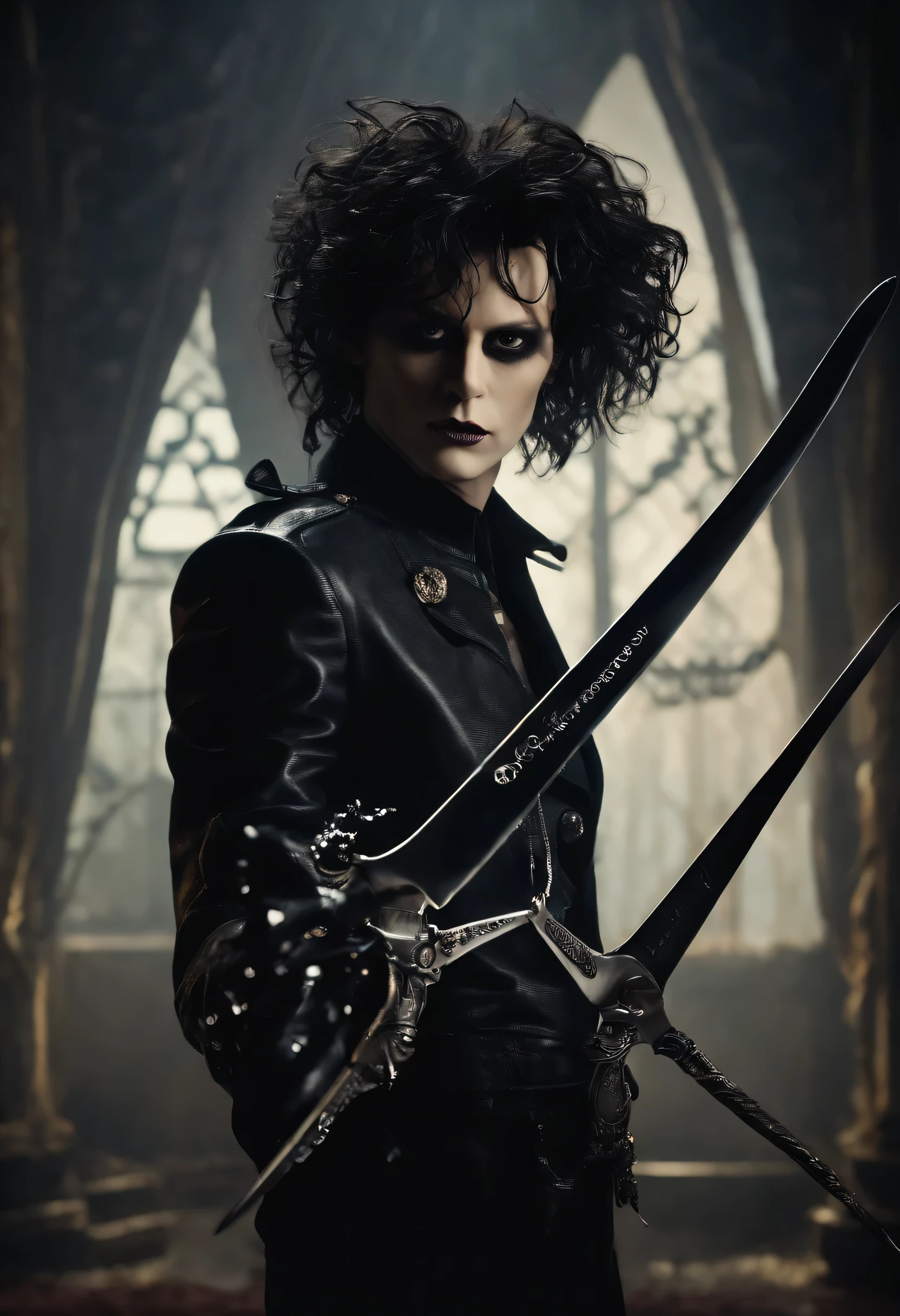 Personagem segurando uma tesoura,Edward Scissorhands,Q version,lesbian full body,Tesoura para ampliar,Tesoura de destaque