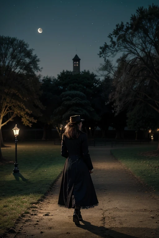 Winter night deserted park, the lanterns shine mysteriously, there are stars in the sky and a terrible moon, a ghost of a girl in Victorian clothes walks