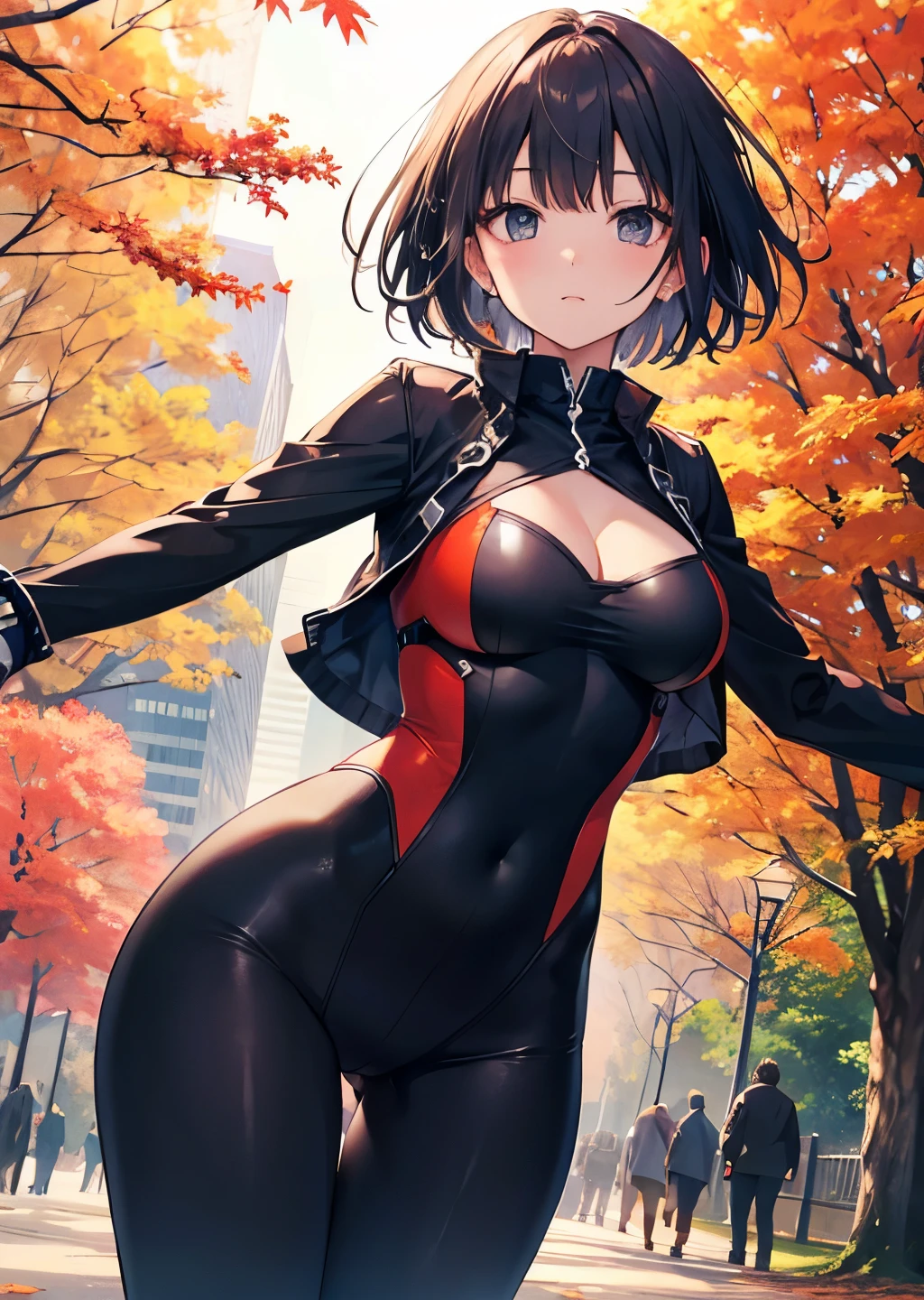 best quality, masterpiece, high resolution, japanese punk,//A park filled with autumn foliage, lady wearing bodysuit, dynamic pose