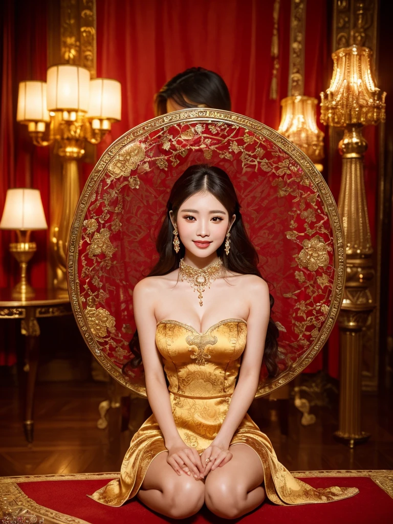 a stunning chinese woman, 23 years old, wearing a radiant, translucent red qipao dress with an exquisite high collar and intricate peony pattern, sits gracefully on a luxurious, velvet baroque bed with a rich blue and gold background, identical twin sister with an even more captivating hourglass figure sits and hugs her at the waist, creating a mesmerizing symmetry, their cute faces, expressive smile and exposed long legs surrounded by an aura of love and fertility, nearby table adorned with ornate candelabras and a delicate, antique vase hints at a wedding consummation of the twins' marriage to the emperor, scene framed by a stunning gold-framed chinese painting and opulent interior decorations, exuding luxury, elegance, and a hint of love making, (best quality,8k,highres,masterpiece:1.2),ultra-detailed,(realistic,photorealistic,photo-realistic:1.37),portraits,cinematic lighting,dramatic lighting,warm colors,ornate,intricate details,luxurious,elegant