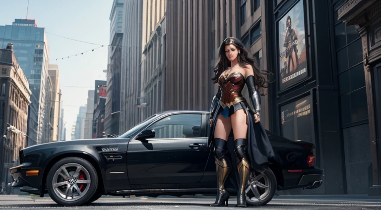 A captivating 3D render showcasing two talented Wonder Woman stunt girls, aged 39 and 45, dressed in sleek black and silver costumes. They confidently pose against the sidewall of a sleek, black super truck, adorned with an advertisement for a famous U.S. Pop Star singer from the 1980s. The stunt girl in the elaborate black and silver Wonder Woman outfit, adorned with jewelry, shares the spotlight with the blonde real pop star, who stands beside her, both exuding confidence and radiant smiles. This image masterfully blends elements of fashion, illustration, architecture, photography, and cinematic storytelling to create a powerful, vibrant, and true-to-life portrayal of empowerment and female strength, set against the backdrop of urban architecture., photo, vibrant, illustration, cinematic, 3d render, fashion, architecture