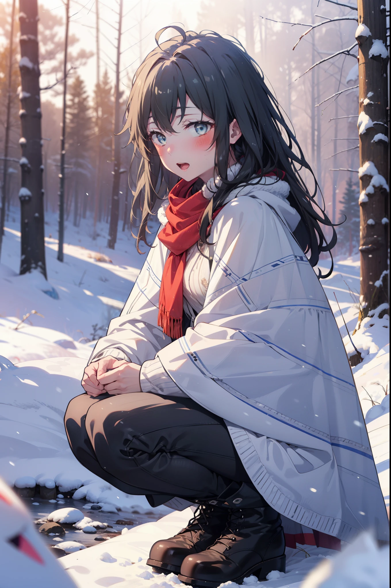 yukinoyukinoshita, yukino yukinoshita, Black Hair, blue eyes, Long Hair, Ahoge,smile,blush,White Breath,
Open your mouth,snow,Ground bonfire, Outdoor, boots, snowing, From the side, wood, suitcase, Cape, Blurred, Increase your meals, forest, White handbag, nature,  Squat, Mouth closed, フードed Cape, winter, Written boundary depth, Black shoes, red Cape break looking at viewer, Upper Body, whole body, break Outdoor, forest, nature, break (masterpiece:1.2), highest quality, High resolution, unity 8k wallpaper, (shape:0.8), (Beautiful and beautiful eyes:1.6), Highly detailed face, Perfect lighting, Extremely detailed CG, (Perfect hands, Perfect Anatomy),