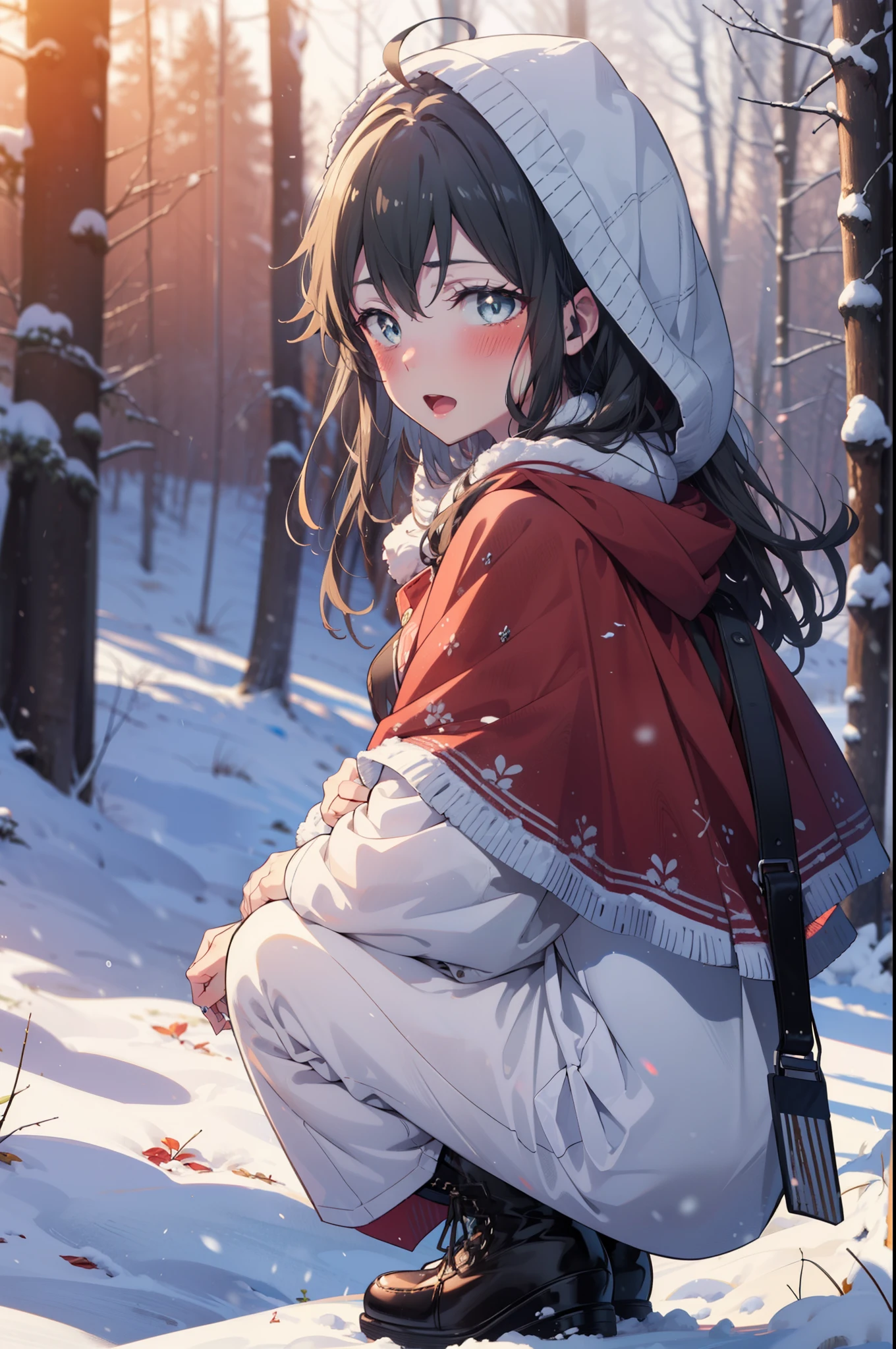 yukinoyukinoshita, yukino yukinoshita, Black Hair, blue eyes, Long Hair, Ahoge,smile,blush,White Breath,
Open your mouth,snow,Ground bonfire, Outdoor, boots, snowing, From the side, wood, suitcase, Cape, Blurred, Increase your meals, forest, White handbag, nature,  Squat, Mouth closed, フードed Cape, winter, Written boundary depth, Black shoes, red Cape break looking at viewer, Upper Body, whole body, break Outdoor, forest, nature, break (masterpiece:1.2), highest quality, High resolution, unity 8k wallpaper, (shape:0.8), (Beautiful and beautiful eyes:1.6), Highly detailed face, Perfect lighting, Extremely detailed CG, (Perfect hands, Perfect Anatomy),