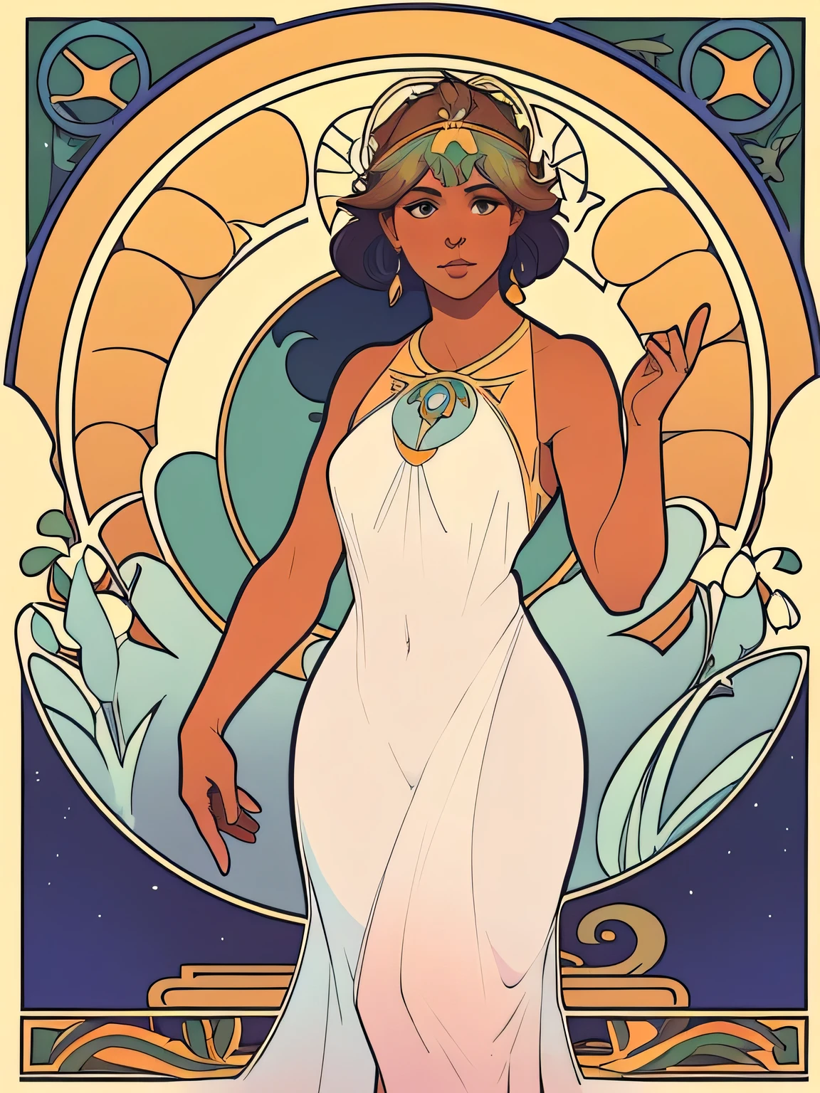 8K.Poster illustration in Alphonse Mucha style, pintura plana, Hermosa mujer occidental con vestido largo hasta el tobillo lila, Emmawatoso,sosteniendo un ramo de lirios blancos,cuerpo completo como,corpo esguio,descalzo,Arte nuevo, Plantas en el fondo, nffsw, mesa, Alfonse Mucha, Detalles altos