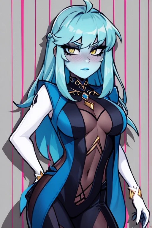 Busty blue hair gray skin girl in exotic clothing