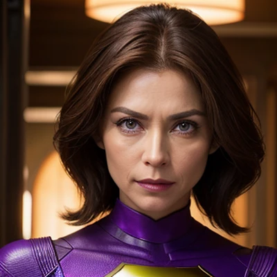 a 49 years old superheroine—with shoulder-length brown hair, violet eyes and and ruthless appearance. Her facial features are uncommon yet human. Her features are slightly masculine.