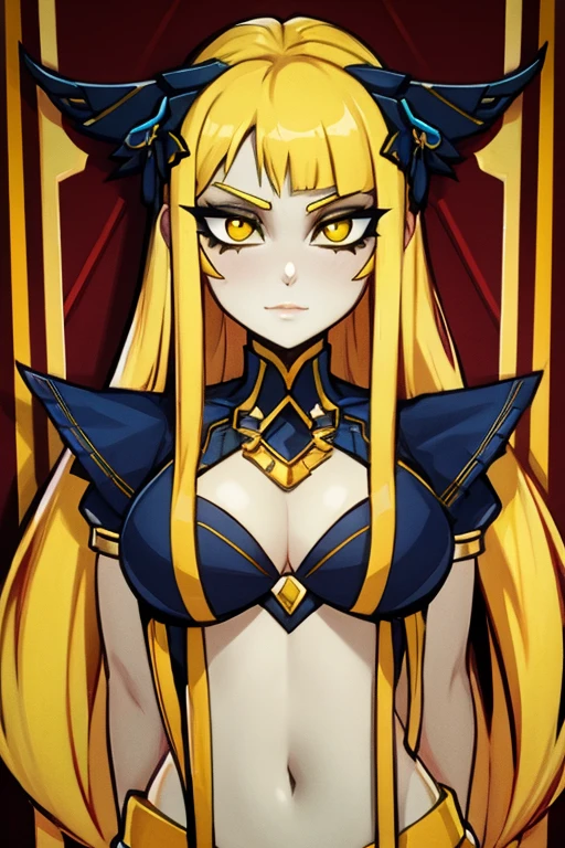 Busty yellow hair gray skin girl with exotic clothing