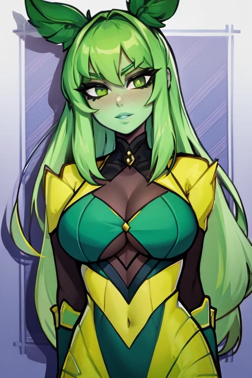 Busty green hair gray skin girl in exotic clothing