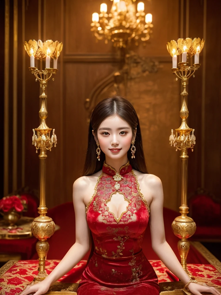 a stunning chinese woman, 23 years old, wearing a radiant, translucent red qipao dress with an exquisite high collar and intricate peony pattern, sits gracefully on a luxurious, velvet baroque bed with a rich blue and gold background, identical twin sister with an even more captivating hourglass figure sits and hugs her at the waist, creating a mesmerizing symmetry, their cute faces, expressive smile and exposed long legs surrounded by an aura of love and fertility, nearby table adorned with ornate candelabras and a delicate, antique vase hints at a wedding consummation of the twins' marriage to the emperor, scene framed by a stunning gold-framed chinese painting and opulent interior decorations, exuding luxury, elegance, and a hint of love making, (best quality,8k,highres,masterpiece:1.2),ultra-detailed,(realistic,photorealistic,photo-realistic:1.37),portraits,cinematic lighting,dramatic lighting,warm colors,ornate,intricate details,luxurious,elegant