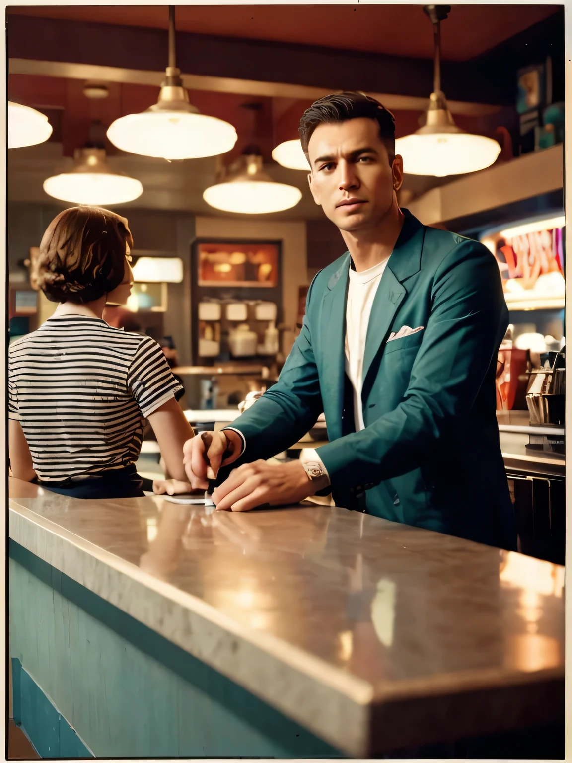 A 64k resolution image in a 70s panavision style, depicting a scene from an American diner. A man, aged 27 with a bad boy haircut and clothes, is leaning against the counter. An attendant with a deep and mysterious aura stands behind the counter. The atmosphere is mysterious.
Style: 70s panavision, photorealistic, high detail
Additional details: Unreal Engine v5 rendering for extra realism, focus on the man's confident expression and the attendant's enigmatic gaze.
Reference Artists: Richard Estes (Photorealism), Edward Hopper (American Diner Scenes)4k, 8k, HDR, high definition, definitive, detailed, sharp and realistic with perfect lighting, professional, natural landscape in 8k with incredible details, high quality digital art with style definitive