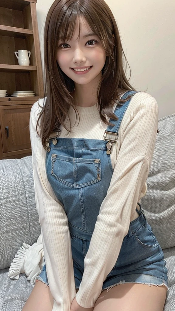 +masterpiece, highest quality, Very detailed, Female student, Beautiful Face, Rich details, (Long brown hair), Perfect Face, Overalls, Sitting, close, sofa,((Big laughing smile pose))