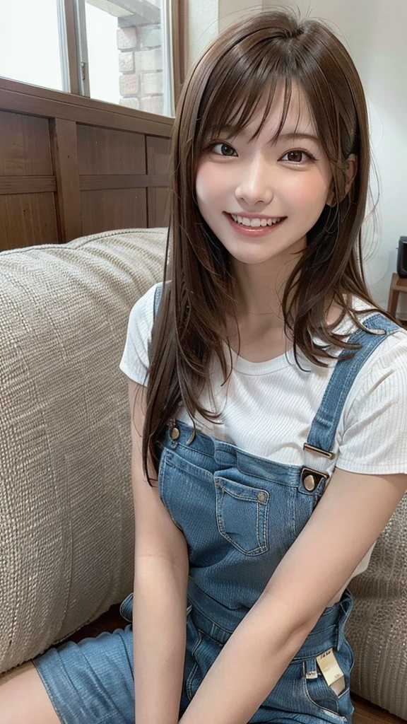 +masterpiece, highest quality, Very detailed, Female student, Beautiful Face, Rich details, (Long brown hair), Perfect Face, Overalls, Sitting, close, sofa,((Big laughing smile pose))