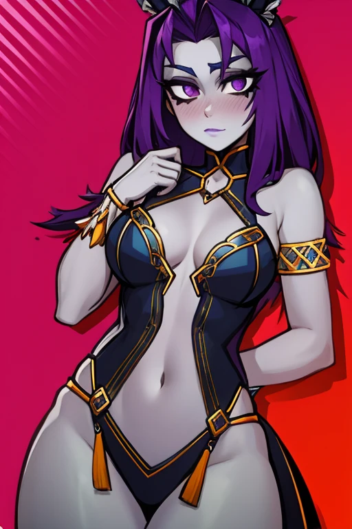 Busty purple hair gray skin girl in exotic clothing