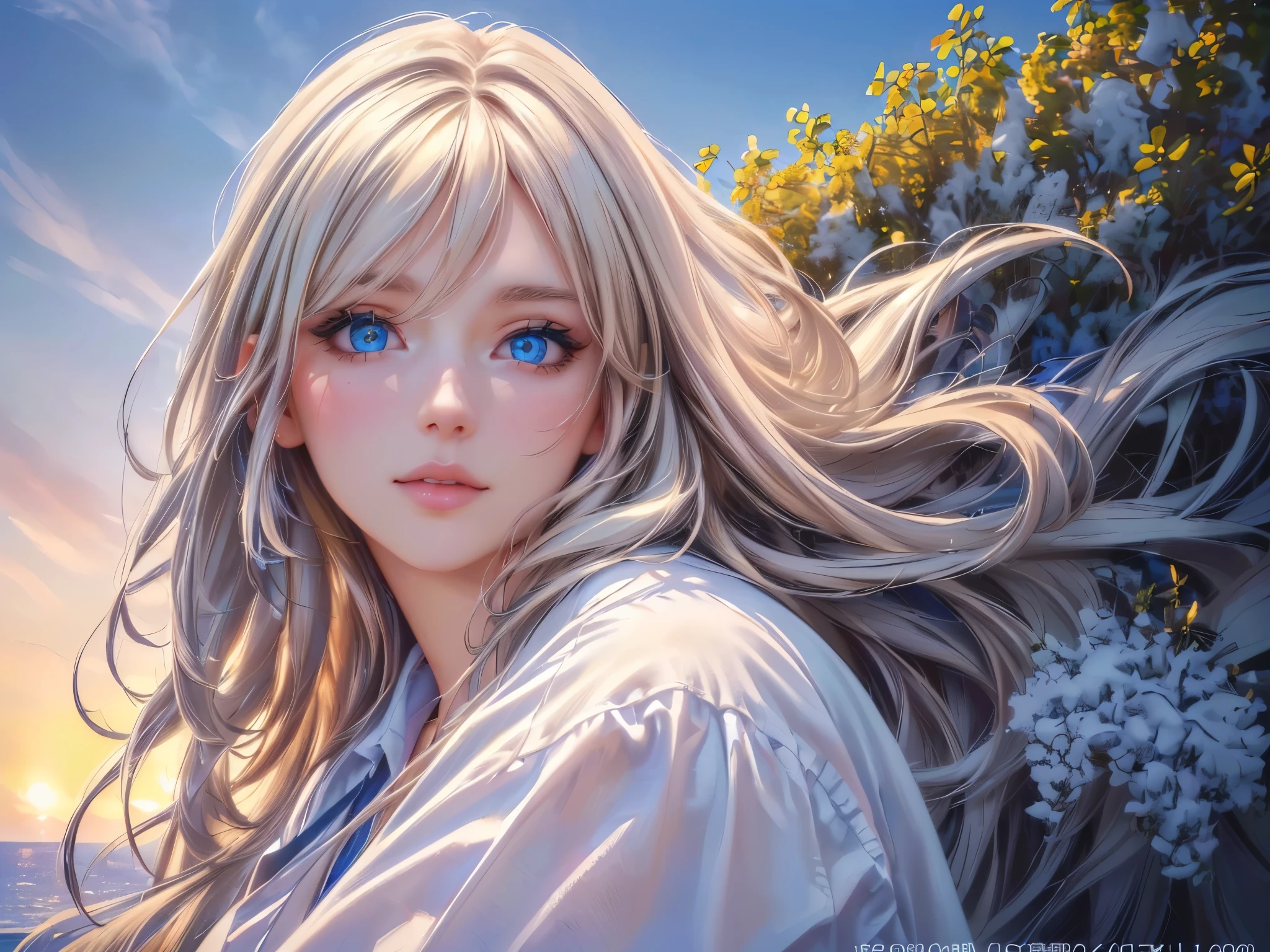 (Nordic woman:1.1, Norway:1.1, portrait:1.1, anime), aqua blue eyes, sunset hour, (realistic:1.37, photography), wooden House at Norwegian island, (animation, realistic:1.37), beige blonde hair, Gradient sky blue hair end, (beautiful detailed eyes:1.1, beautiful detailed lips:1.1, extremely detailed eyes and face:1.1, long eyelashes), feminine pose, In-depth background, vibrant colours, warm tones, soft lighting, (best quality, 4k, highres, masterpiece:1.2), (ultra-detailed, HDR, vivid colours), (realistic, photo-realistic:1.37), (landscape, concept artists).