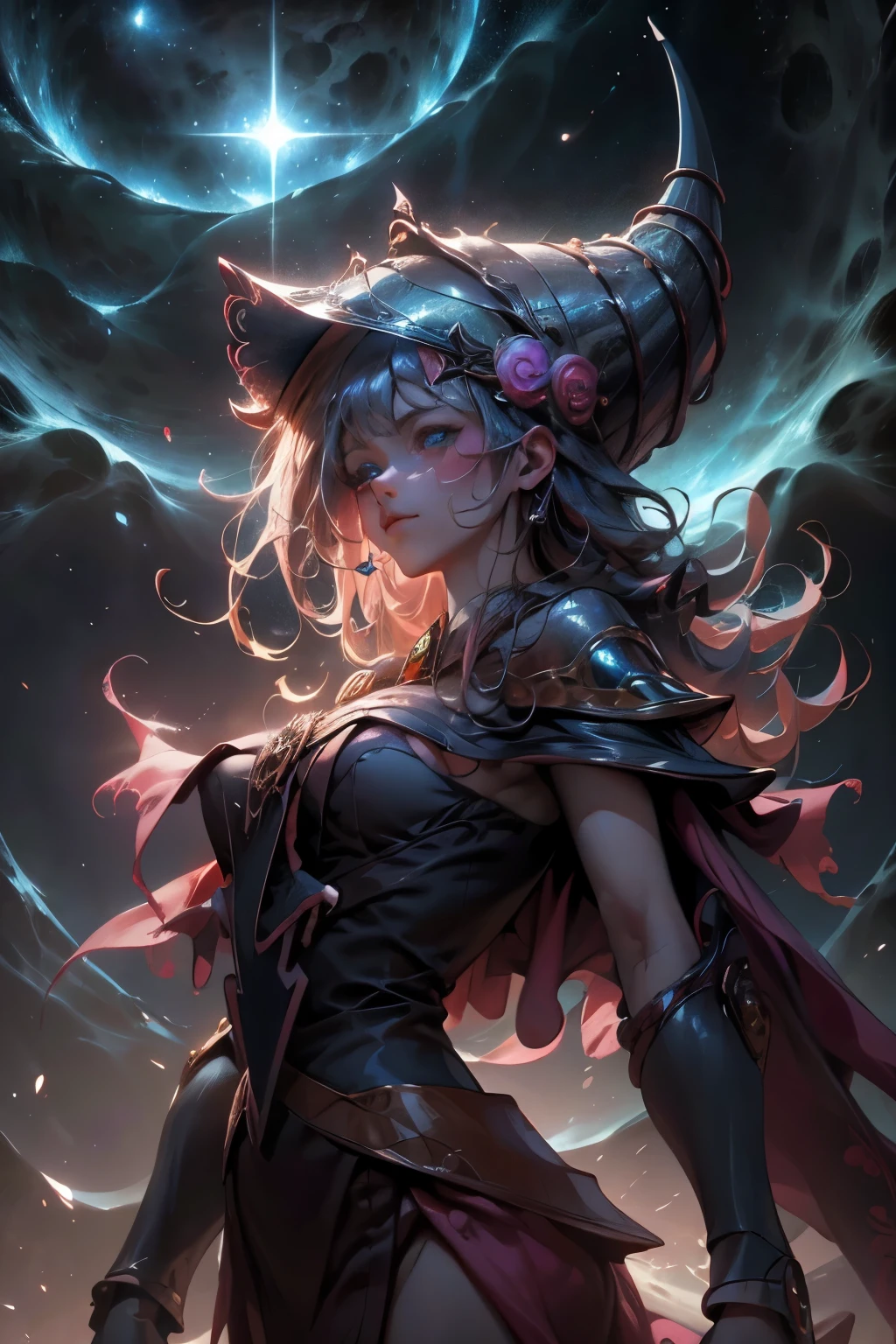 Giles magos oscuros. magos oscuros. ojos azules. cabello rubio. labios rojos. Detailed Features.., cosmic colors, ethereal lighting, Pintura surrealista, high resolution, otherworldly atmosphere, Seres celestiales. Hermosa diosa