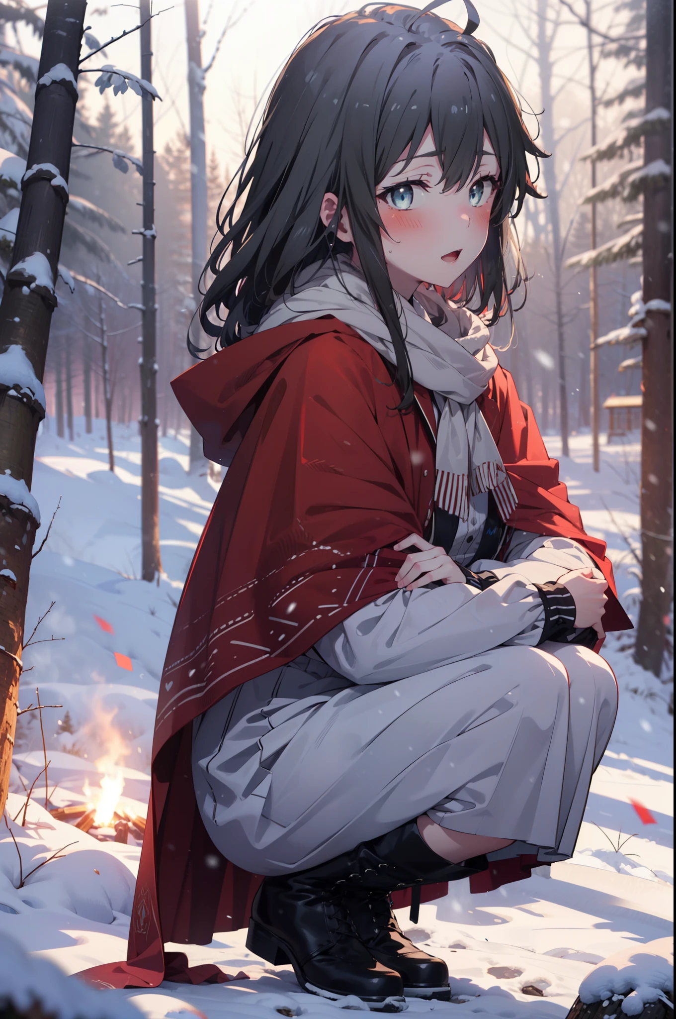 yukinoyukinoshita, yukino yukinoshita, Black Hair, blue eyes, Long Hair, Ahoge,smile,blush,White Breath,
Open your mouth,snow,Ground bonfire, Outdoor, boots, snowing, From the side, wood, suitcase, Cape, Blurred, Increase your meals, forest, White handbag, nature,  Squat, Mouth closed, フードed Cape, winter, Written boundary depth, Black shoes, red Cape break looking at viewer, Upper Body, whole body, break Outdoor, forest, nature, break (masterpiece:1.2), highest quality, High resolution, unity 8k wallpaper, (shape:0.8), (Beautiful and beautiful eyes:1.6), Highly detailed face, Perfect lighting, Extremely detailed CG, (Perfect hands, Perfect Anatomy),