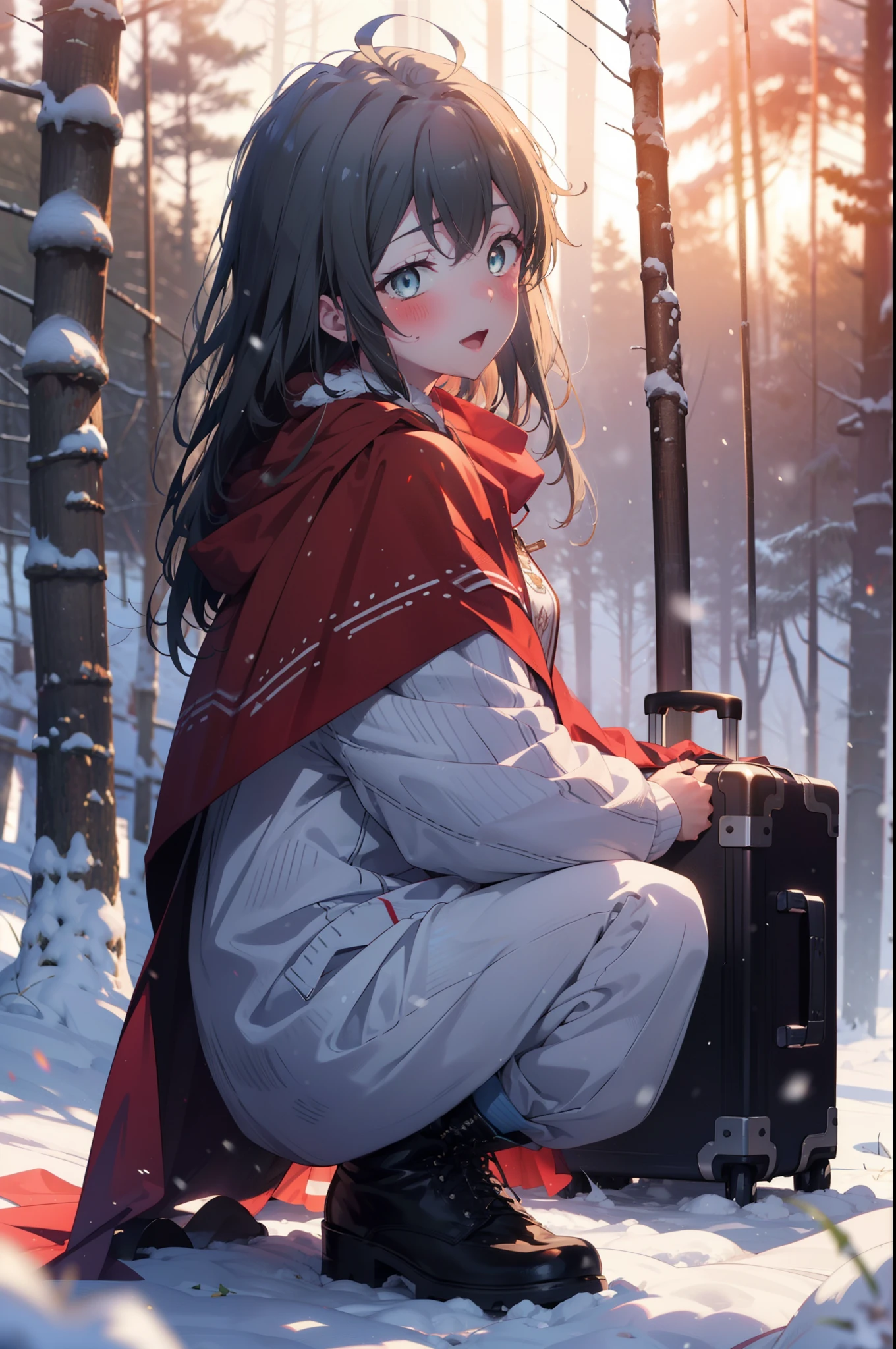 yukinoyukinoshita, yukino yukinoshita, Black Hair, blue eyes, Long Hair, Ahoge,smile,blush,White Breath,
Open your mouth,snow,Ground bonfire, Outdoor, boots, snowing, From the side, wood, suitcase, Cape, Blurred, Increase your meals, forest, White handbag, nature,  Squat, Mouth closed, フードed Cape, winter, Written boundary depth, Black shoes, red Cape break looking at viewer, Upper Body, whole body, break Outdoor, forest, nature, break (masterpiece:1.2), highest quality, High resolution, unity 8k wallpaper, (shape:0.8), (Beautiful and beautiful eyes:1.6), Highly detailed face, Perfect lighting, Extremely detailed CG, (Perfect hands, Perfect Anatomy),