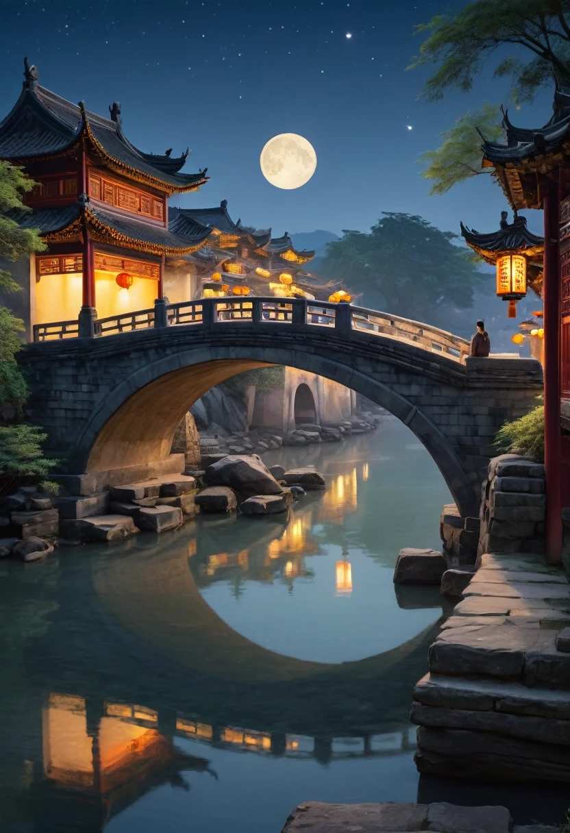 (Watercolor Landscape:1.4), A quiet, moonlit night in an ancient Chinese town. A solitary figure stands unnoticed on a stone bridge, blending into the serene surroundings. The scene captures the tranquility of the moment with the delicate glow of a single star shining brightly in the sky, resembling a crescent moon. Traditional Chinese architecture lines the narrow streets, with lanterns softly illuminating the area. The figure is dressed in traditional Hanfu attire, adding to the timeless feel of the scene. The bridge is adorned with intricate stone carvings, and the calm water below reflects the star and the dim light from the lanterns. The overall atmosphere is one of peace and contemplation, best quality, masterpiece, very aesthetic, perfect composition, intricate details, ultra-detailed